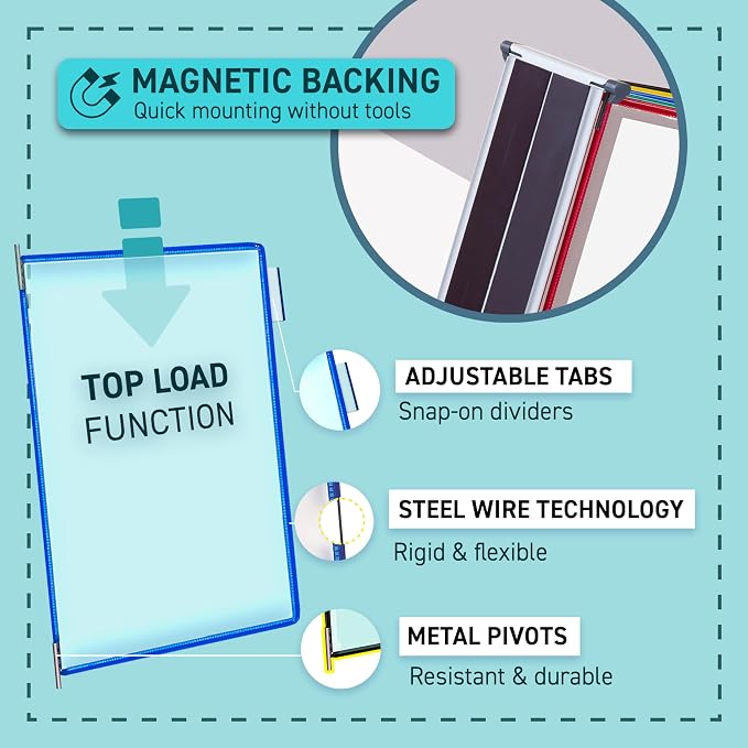 Tarifold Magnetic Wall Mount Reference System, 10 Pockets, Assorted Colors | 10 double-sided PVC pockets hold 20 letter-size sheets, magnetic mounting plate, snap-on index tabs, easy to install