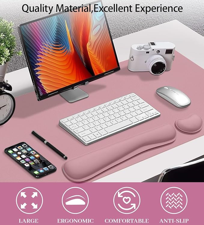Mouse Pad and Keyboard Wrist Rest, 3-in-1 Keyboard and Mouse Pad | 31.5" x 15.7" Dusty Pink Desk Mat Set,Ergonomic Wrist Support, Non-slip & Waterproof Computer Mat,Desktop Protector for Women