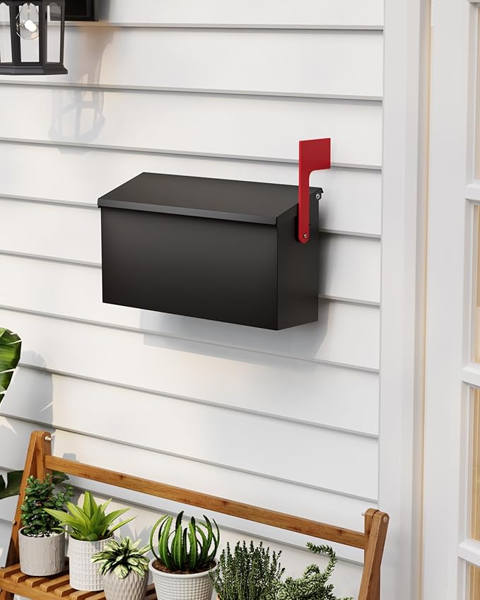 Wall-Mount Mailbox for Outside, Large Capacity Rust-Proof Mail Box with Stay-Open Lid & Red Flag Kit, Galvanized Steel Weather-Resistant Post Box for House Outside, 13"x4.1"x6.9", Black