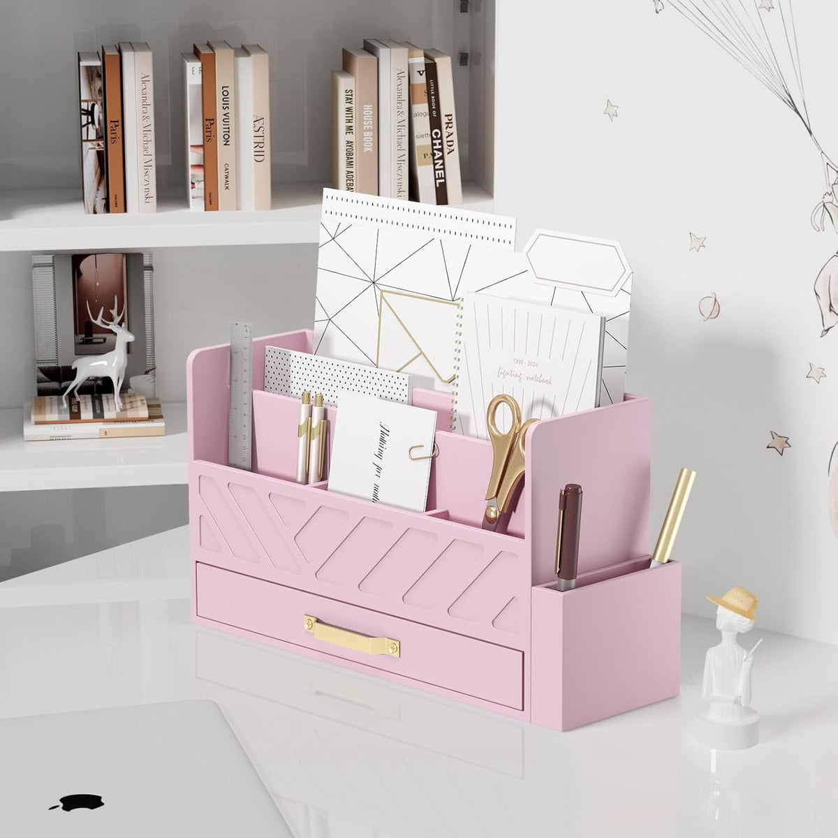 Bamboo Desk Organizer Mail Holder Countertop Wood Desk Drawer Tabletop Storage Box Pen Holder Letter Sorter Makeup Organizer for School Home Office Supplies with Pen Holder Pink