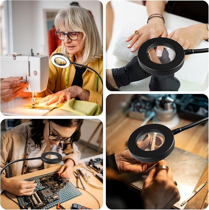 LALISU Clip on Lamp, 5X Magnifying Glass with Light LED Desk Lamp with Clamp Bright Clip Light for Bed Bedside Table, Adjustable Reading Light for Bed, Desk Lights (Black with Magnifying)