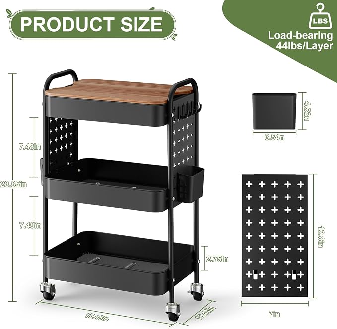 3 Tier Rolling Cart with DIY Pegboard, Metal Utility Cart with Table top | Sturdy Storage Organizer Cart with 360°Swivel Wheels& Locking Wheels, Hooks& Cups for Office, Classroom, Kitchen and Bathroom