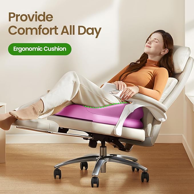 Benazcap Large Seat Cushion for Office Chair Memory Foam Coccyx Pain Relief Cushion Pillow for Back Support Non-Slip Seat Pad for Office Desk, Car Seat, Wheelchair, Sciatica-Pink