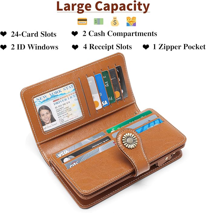 SENDEFN Wallets for Women Leather Credit Card Holder with RFID Blocking Large Capacity Wristlet | with RFID Blocking