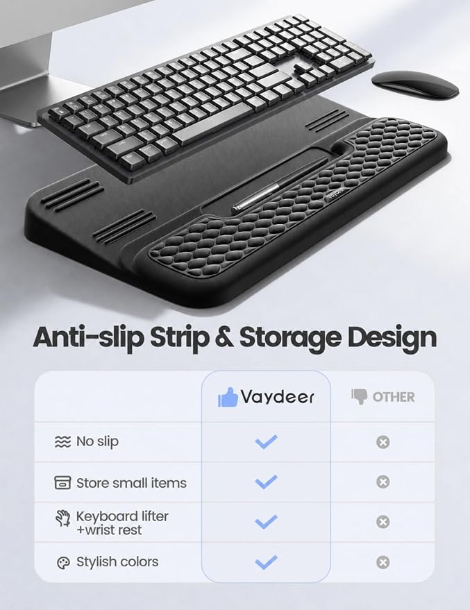 Vaydeer Wrist Rest with Keyboard Stand, Computer Wrist Support Pad, Ergonomic Keyboard Riser Holder Lift Tray with Wrist Pad, Soft Memory Foam Desk Cushion, Palm Hand Typing for Office Home Gift-Black