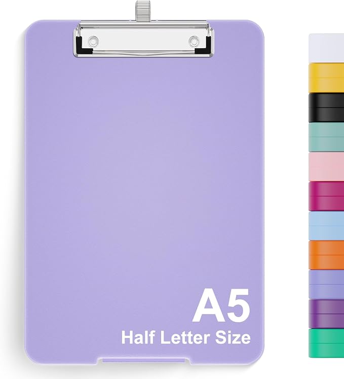 Hongri A5 Clipboard with Storage, Metal Retractable Pen Holder, Purple | 6 x 9'' Nursing Plastic Foldable Clip Board, Size 9.4 x 6.1 x 0.9 in, Menu Box for Work, Office & School Supplies