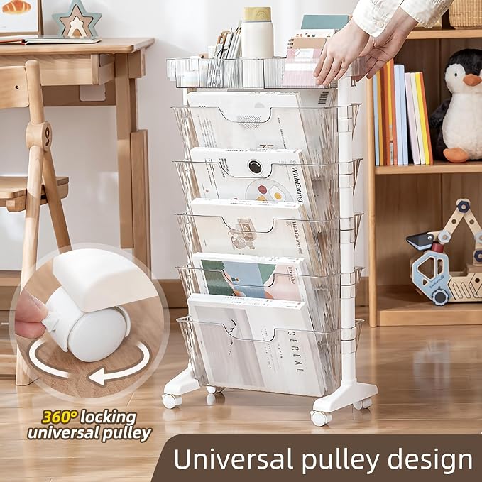 5 Tier Rolling Book Cart Multi-Functional Movable Storage Bookshelves | rolling bookshelf,Movable Storage Bookshelves with Lockable Wheels for Study Office Library Classroom,