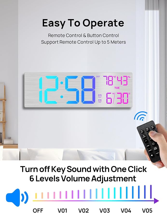 18.5" Large Digital Wall Clock with Remote Control, Big LED Display Digital Clocks with Night Light, Alarm, DST, Temp, Date for Living Room, Bedroom, Office, Classroom, Gifts for Seniors(Silver)