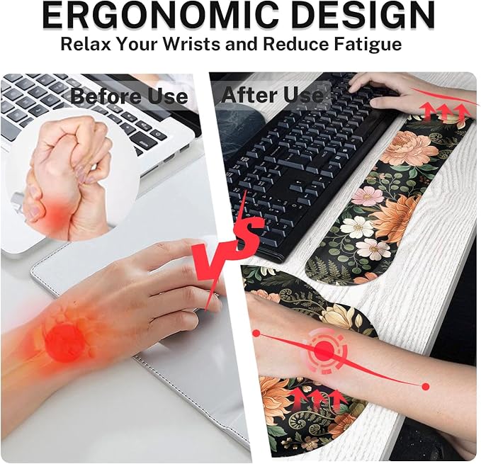 Ergonomic Mouse Pad Set with Wrist Rest, Floral Flower | Leaves Colorful Non-Slip Rubber Base Wrist Cushion Support and Coasters Mousepad with Wrist Support for Computer Keyboard