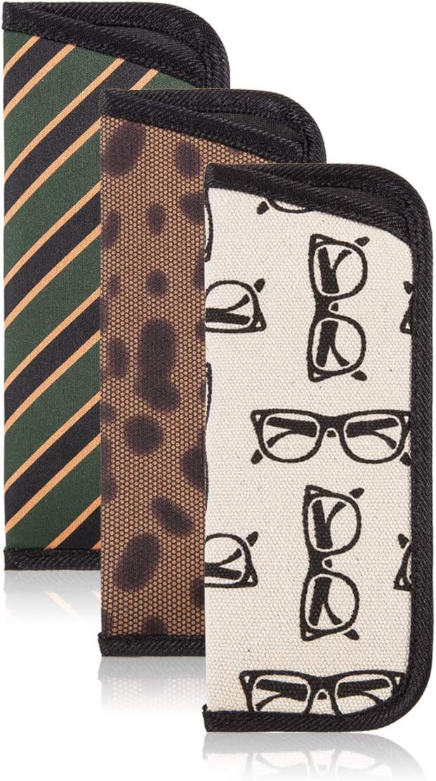 TRIUMPH VISION 3 Pack Reading Glasses Pouch Soft Case Eyeglass Sleeve Slim | Alternative to Bulky Case in bag, Lightweight Lined Padded Protect Optical lens Slip in, Cute Pattern Portable for Daily Use
