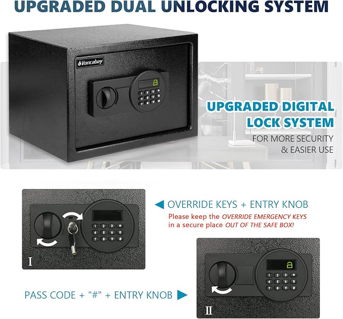 Voncabay Money Safe Box for Home with Sensor Light & Fireproof Money Bag - 0.8 Cubic Feet Security Safe Box with Digital Keypad, Keys & Pass Code Lock Black