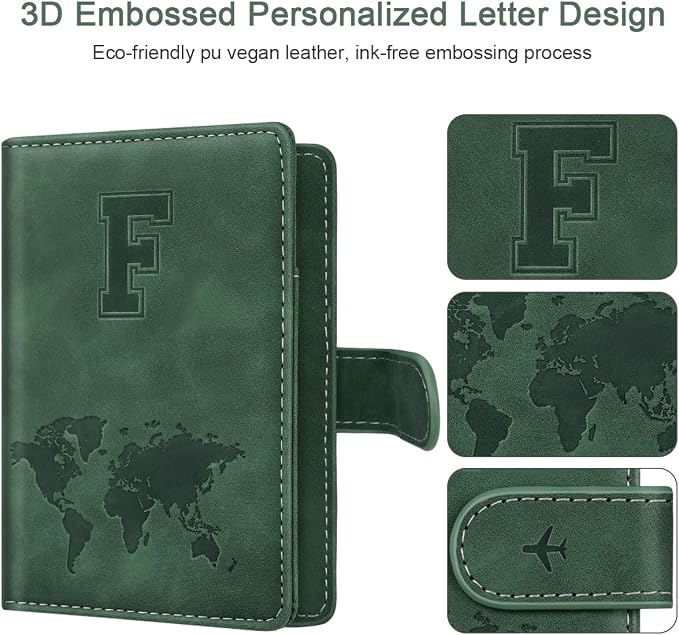 Passport Holder Wallet Cover Personalized Initial Travel Essentials | Embossed Letter A-Z Design, Travel Wallets, RFID Blocking, Passport Book Holders, Women and Men, Personalized Gifts, Green-F