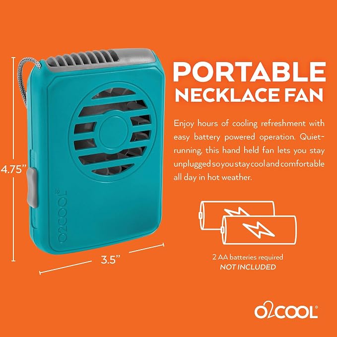 O2COOL Deluxe Necklace Fan Adjustable Lanyard Wearable Fan Teal | Yes