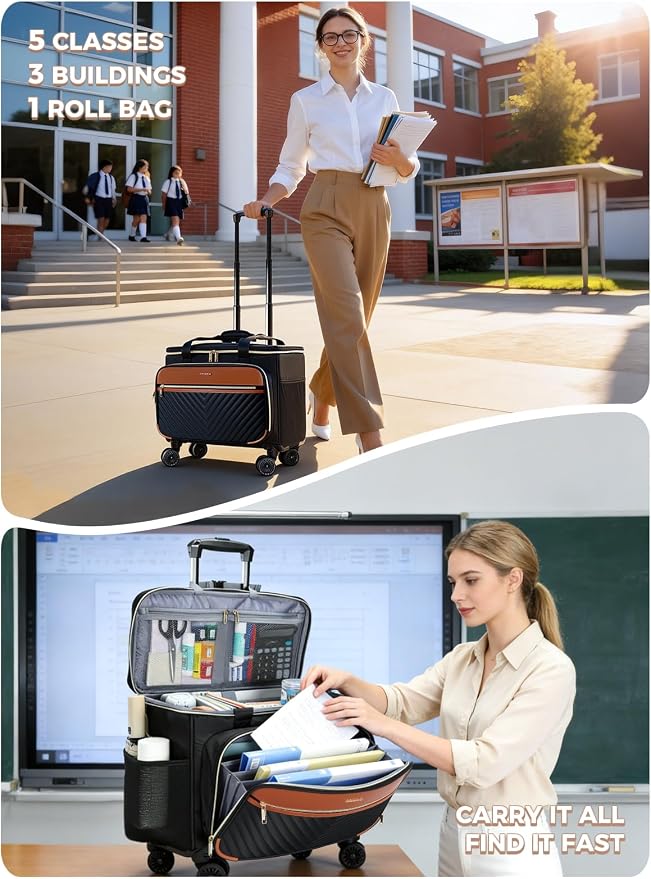 Rolling Teacher Bag with 4-Wheels 360° Spinner, Hardside Large | Laptop Rolling Briefcase for Women Teacher Office Craft Nurse, Roller Tote Work Bag with Accordion File, V-Quilt Black Brown