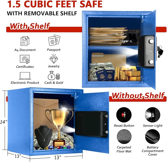 Voncabay Money Safe Box for Home with Digital Keypad, 1.5 Cu. Ft., Blue | Alloy Steel, 2 Fireproof Bags, Digital Keypad with Display, Removable Shelf, Alarm System, 14 x 13 x 13 In.
