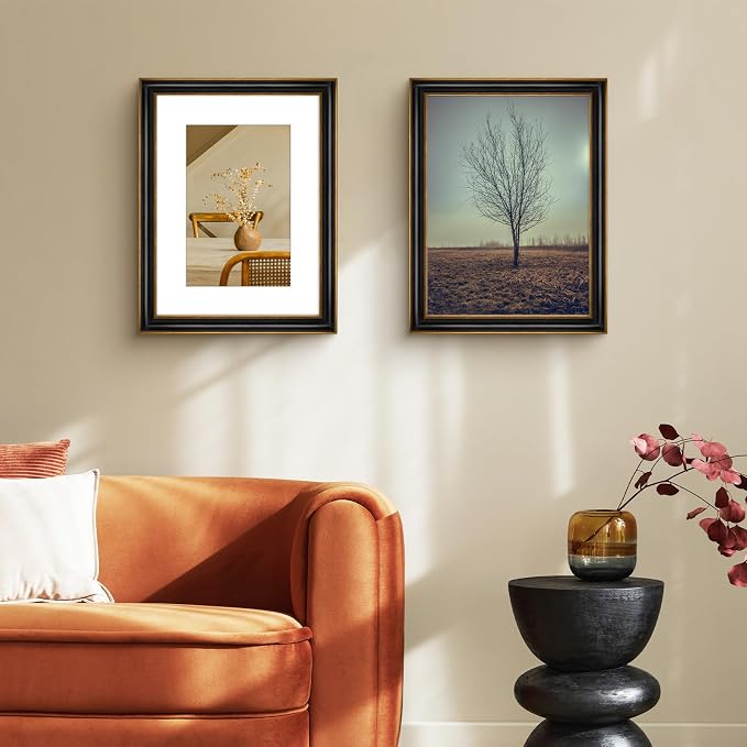 Golden State Art, 12x16 Photo Frame With Mat for Pictures 8x12 and Real Glass (Black With Antique Gold Trim - White Color Mat, 1.25 Inch Frame Border)