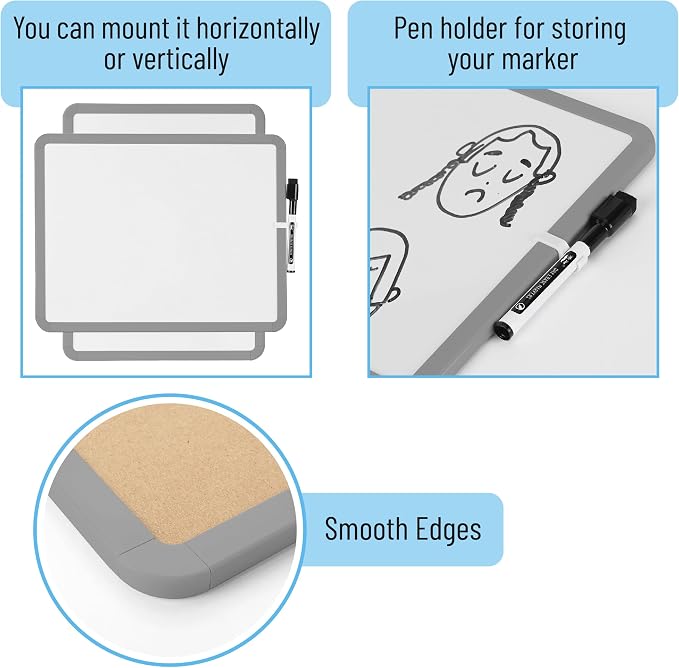 Mr. Pen- Dry Erase Board, 14” x 11” with a Black Dry Erase Marker | Gray Frame, Small Mini White Board for Students, Fridge, Wall, Locker, Includes Double Sided Tapes