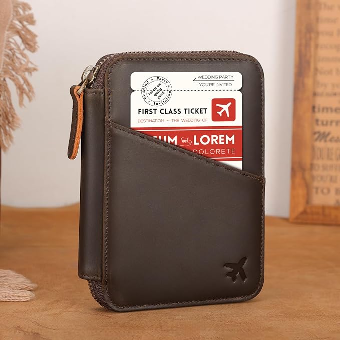 Polare Leather Pilot Wallet Passport Holder RFID Blocking Tri-fold Travel Cover Document Organizer for Aviation Professionals (Dark Brown(YKK Zipper Version))