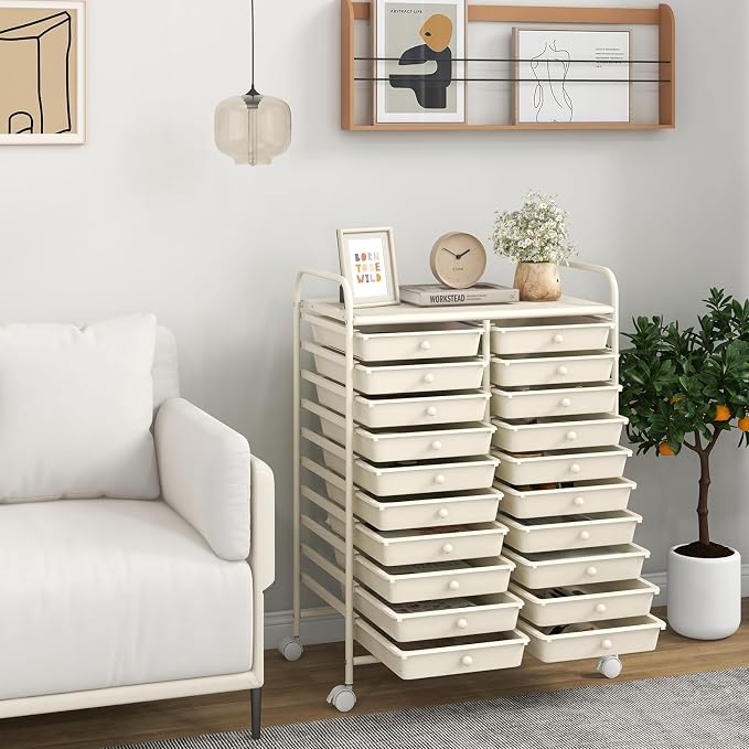 COSTWAY 20-Drawer Rolling Storage Cart, Utility Storage Organizer Cart | For Tools, Scrapbook, Paper, Craft, Multipurpose Storage Trolley on Wheels for Home Office School (Ivory White)