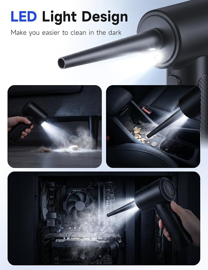 Compressed Air Duster, 100000RPM Electric Air Duster for Computer Keyboard, 6000mAh Rechargeable Cordless Air Blower with LED Light, Fast Charge Portable Air Can for PC Cleaning