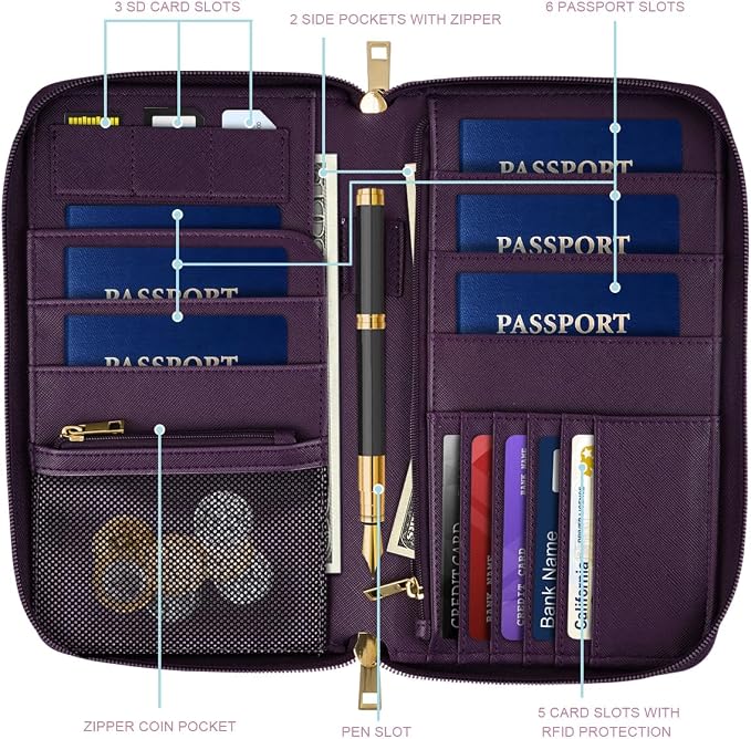 Family Passport Holder Wallet RFID Blocking Document Organizer | PU Leather Mulit-purpose Travel Wallet Credit Cards Case for Women Men, Purple Floral