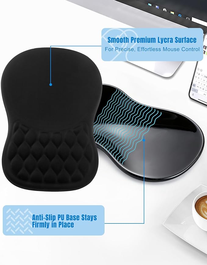 Ergonomic Mouse Pad with Sloped Memory Foam Wrist Rest (Black) | 3D Textured Wrist Cushion, Smooth Lycra Surface, Non-Slip PU Base, Comfortable Support for Office/Home Computer Desks