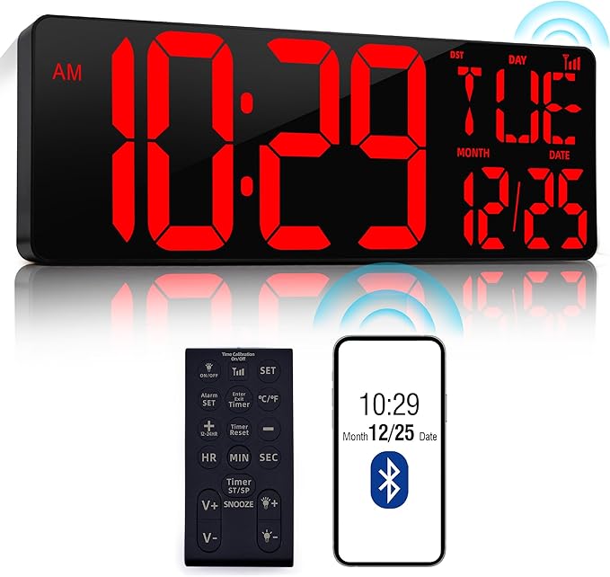 17.2" Large Digital Wall Clock Bluetooth Auto Sync Time Big Timer Red | Large Display Auto-Dimming/DST Led Wall Clock with Date Week For Living Room Classroom Garage Gym Gift for Senior Mom Dad