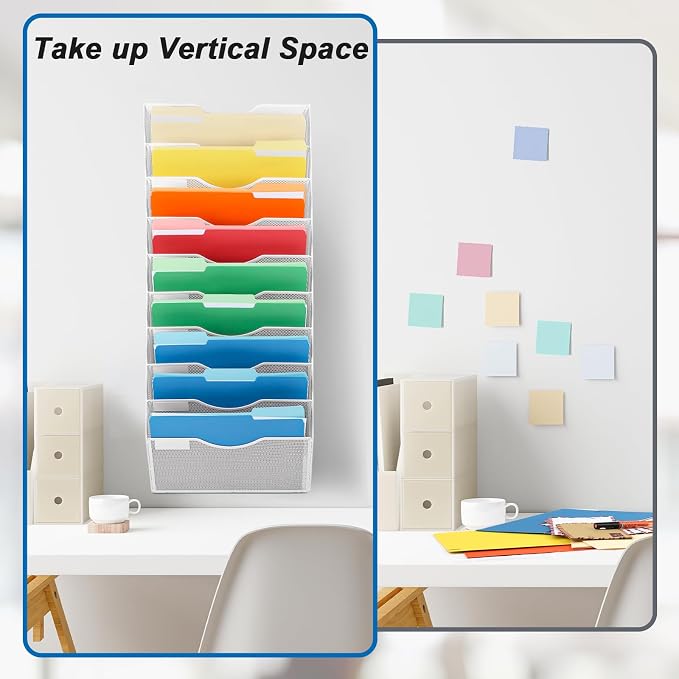 10 Pocket Mesh Hanging Wall File Organizer, Wall Mounted Mail Paper Document Folder Holder, Clipboard Storage Organization Magazine Rack with Nametag Label for Office Home School, White