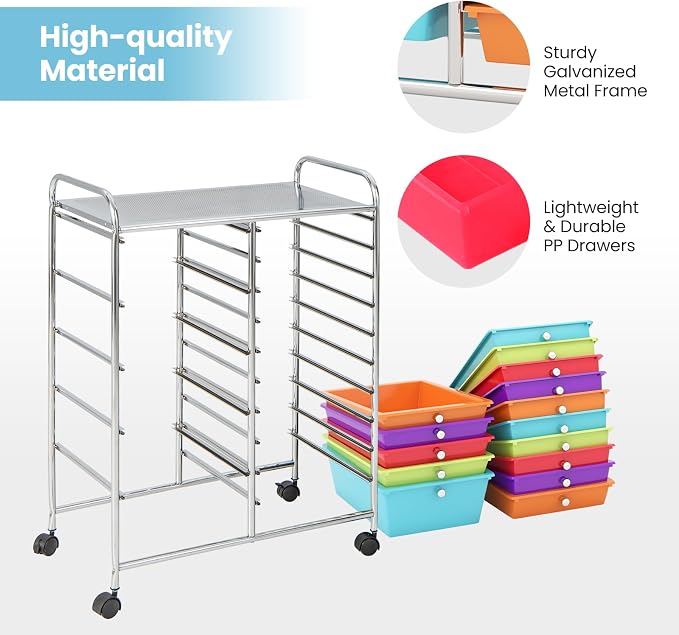 BECOMFORT 15-Drawer Rolling Cart with Drawers, Storage Cart on Wheels, Teacher Classroom Organizers with Metal Frame, Mobile Craft Cart for Tools, Trolley Utility Cart for School Office Play Room