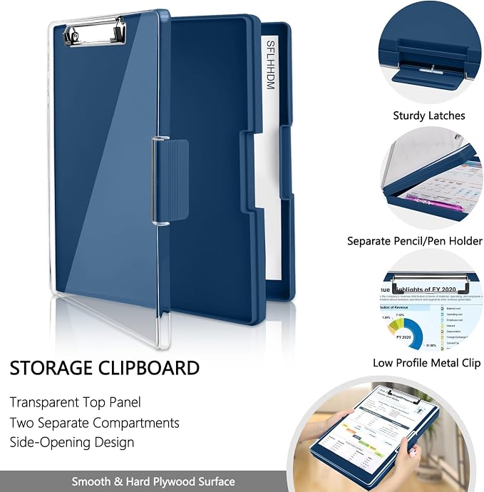SFLHHDM Clipboard with Storage,Heavy Duty Clip Boards 8.5x11 with 2 Storage Case,Clear Visible Panel Storage Clipboards,Side Opening Nursing Clipboard Folder for Office Supplies (Dark Blue)