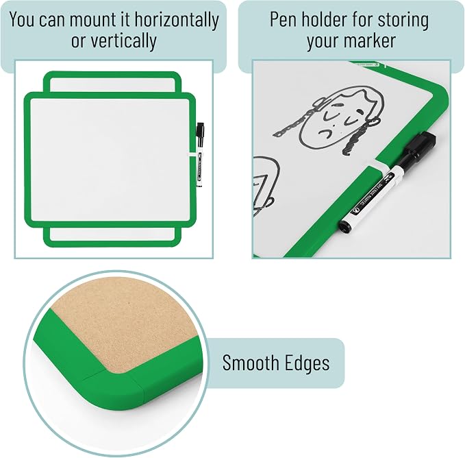 Mr. Pen- Dry Erase Board, 14” x 11” with a Black Dry Erase Marker | Green Frame, Small Mini White Board for Students, Fridge, Wall, Locker, Includes Double Sided Tapes