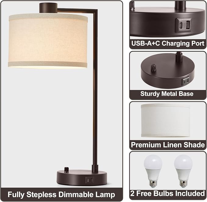 Luvkczc Table Lamp for Bedroom Set of 2 with USB C+A Ports - Fully Stepless Dimmable Bedside Lamp with Linen Lampshade - Contemporary Lamp for Living Room Reading Office, 2 Bulbs Included (Red Brown)