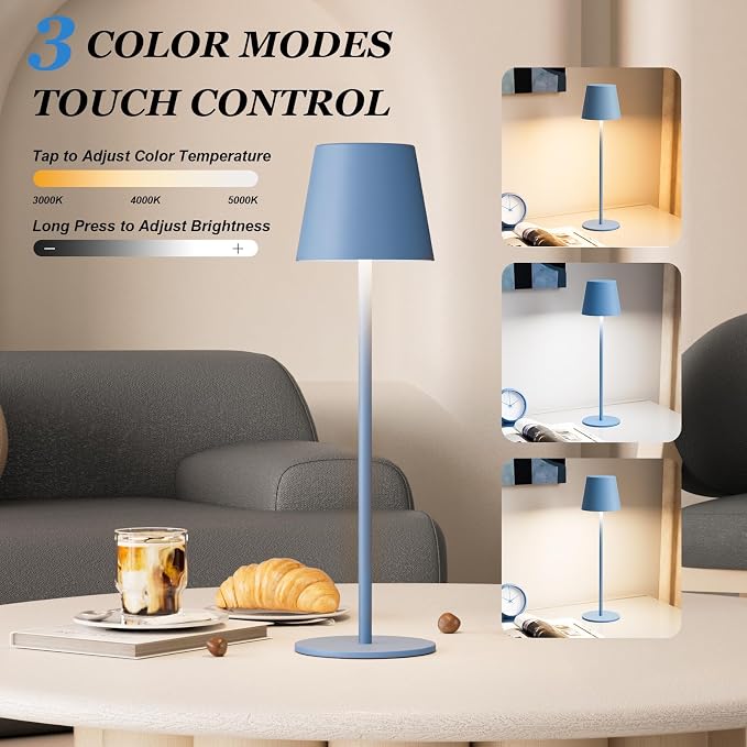 Kakanuo Cordless Table Lamp Rechargeable Blue - KK 2 Pack 5000mAH Battery Operated Lamp for Dining Table, 3 Color Stepless Dimming Wireless Lamp for Counter, Outdoor Patio, Touch Control