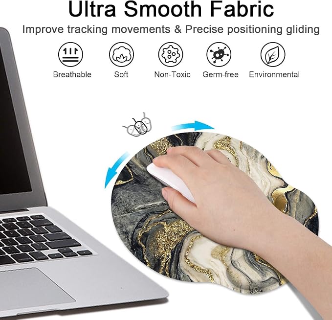 Ergonomic Mouse Pad Set with Wrist Rest, Black Gold Marble | Abstract Non-Slip Rubber Base Wrist Cushion Support and Coasters Mousepad with Wrist Support for Computer Keyboard