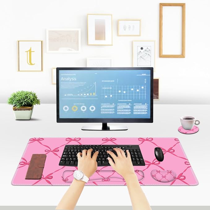 ToLuLu Large Mouse Pad Desk Pad Set, 4PCS Wrist Rest Support XXL Desk Mat | 35.4”x15.7" Giant Mouse Pad for Keyboard Mouse , Non-Slip Base Stitched Edges Mousepad Office Desk Decor, Hot Pink Bow