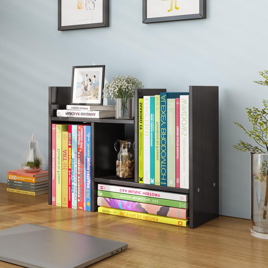 YSJILIDE Wood Adjustable Small Desktop Bookshelf, Expandable Storage Rack, Display Shelf, Office Supplies Organizer (Black)