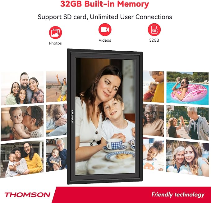 THOMSON 15.6Inch FHD Digital Picture Frame, 1920x1080 IPS Digital Photo Frame with 32GB Large Storage, Quad-Core CPU, Auto-Rotate, Slideshow, Easy Photo Transfer via WiFi APP/Email/USB/SD Card