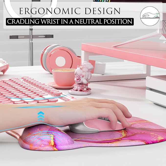 MROCO Ergonomic Mouse Pad with Gel Wrist Rest, 9.4 x 8.1 in, Pink Marble | Ergonomic Shape Design, Multiple Pattern Options, Gel Wrist Comfort, Smooth Lycra Surface, Non-Slip PU Base