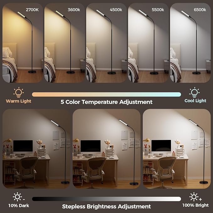 LED Floor Lamp for Living Room,Bright Reading Lamps for Office | 5 Adjustable Colors Temperatures&Brightness, Dual Head Goose-Neck Standing Lamp, Remote Control, Eye Caring Tall Lamp, Black