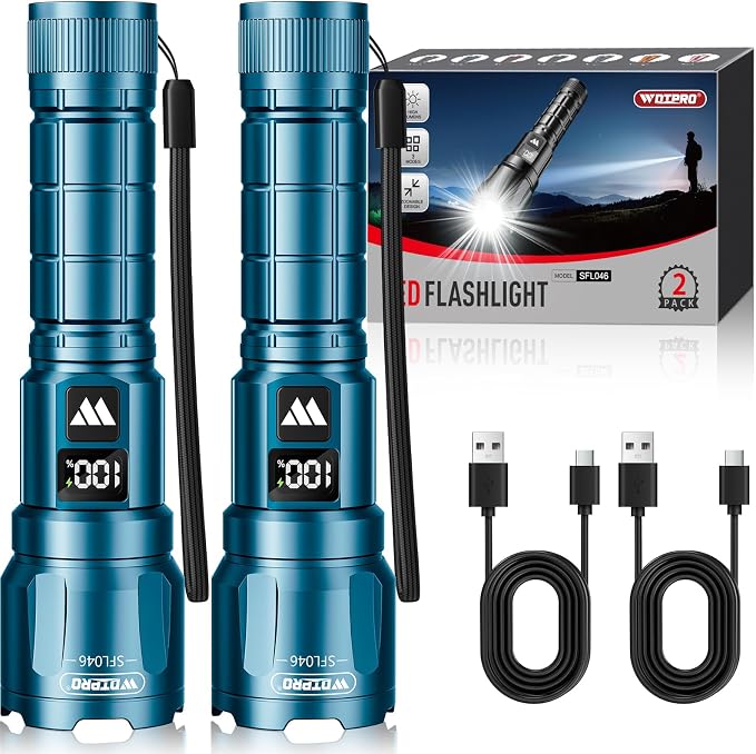 WdtPro LED Rechargeable Flashlight 2 Pack, 3 Modes Super Bright High Lumens Flashlights, Zoomable Tactical Flash Light with LCD Display, IP65 Waterproof Flashlights for Home Emergency Camping - Blue