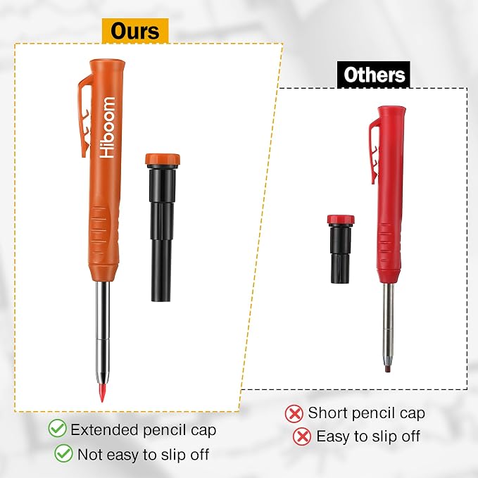 Hiboom Mechanical Carpenter Pencil with 7 Leads, Deep Hole Marker, Orange | Built-In Sharpener, Long Nose Construction Pencil, Pocket Clip Design, Woodworking Tools, Marks on Various Surfaces