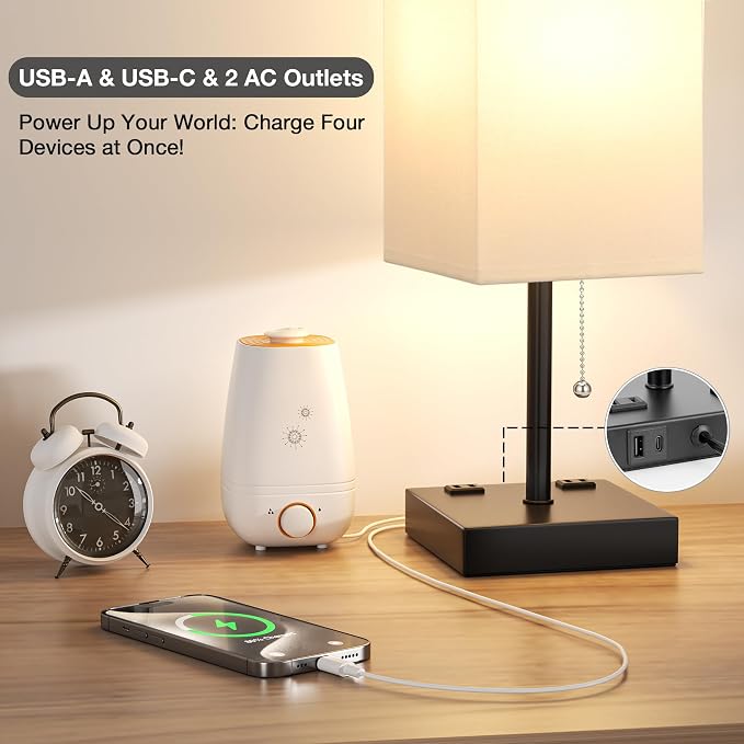 aooshine 17.4" White Bedside Table Lamp for Bedroom - USB C+A, 2 AC Outlets | Pull Chain Lamp, 3 Color Modes(3000K/4000K/5000K), E26 LED Bulb Included, Square White Fabric Lampshade, for Read, Work, Dorm