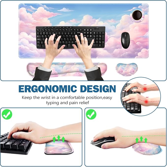 ToLuLu Large Mouse Pad Desk Pad, Wrist Rest Desk Mat for Keyboard and Mouse | 4PCS 35.4”x15.7" XXL Giant Mouse Pad Set, Non-Slip Base Stitched Edges Support Mousepad for Home Office, Dreamy Clouds