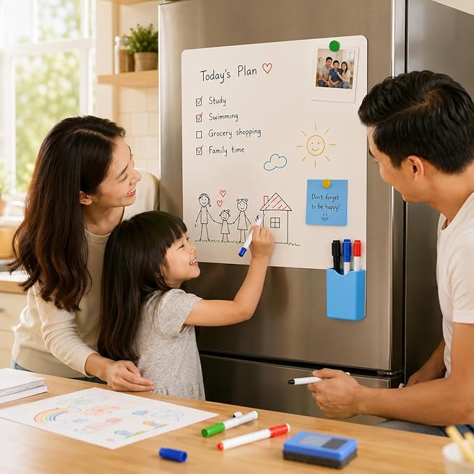 Magnetic Dry Erase Whiteboard 18"x24" for Fridge | Dry erase white board for fridge set with markers, eraser & magnets. Magnetic sheet sticks to fridge whiteboard