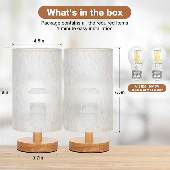 Small Lamps Set of 2 (Cream Shade - Wood Base, 9" Inline Control) | Two 3000K LED Blubs Included | 680 Lumens | Easy Assembly | Minimalist Design | E26 | for Kitchen | for Kids Room