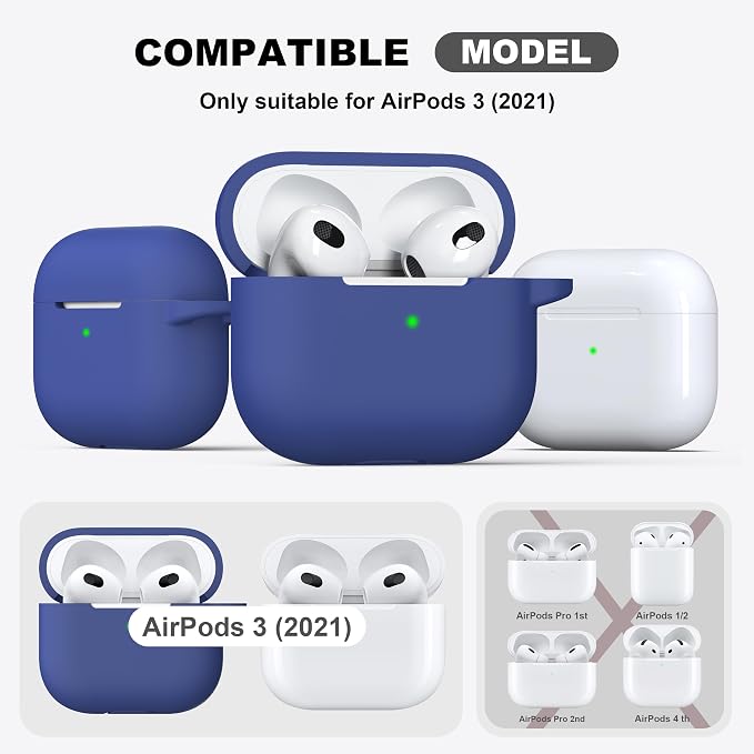 R-fun Compatible with AirPods 3 Case Cover, Silicone Protective Accessories Skin with Keychain Compatible with Apple AirPod 3rd Generation 2021 for Women Men Girls Boys,Front LED Visible,Royal Blue
