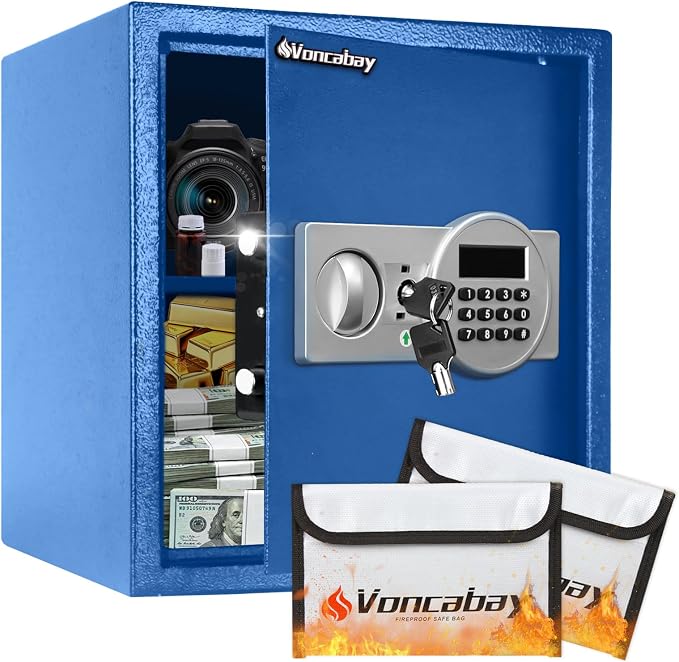 Voncabay Money Safe Box for Home with Digital Keypad, 1.5 Cu. Ft., Blue | Alloy Steel, 2 Fireproof Bags, Digital Keypad with Display, Removable Shelf, Alarm System, 14 x 13 x 13 In.