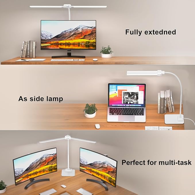 LED Desk Lamp Double Light: 1200LM Desk Light Base for Home Office, White | Dual Screen Computer Monitor Light, Architect Table Lamp for Working Reading Drafting,Dimmable 4 Colors Memory 30-Min Timer