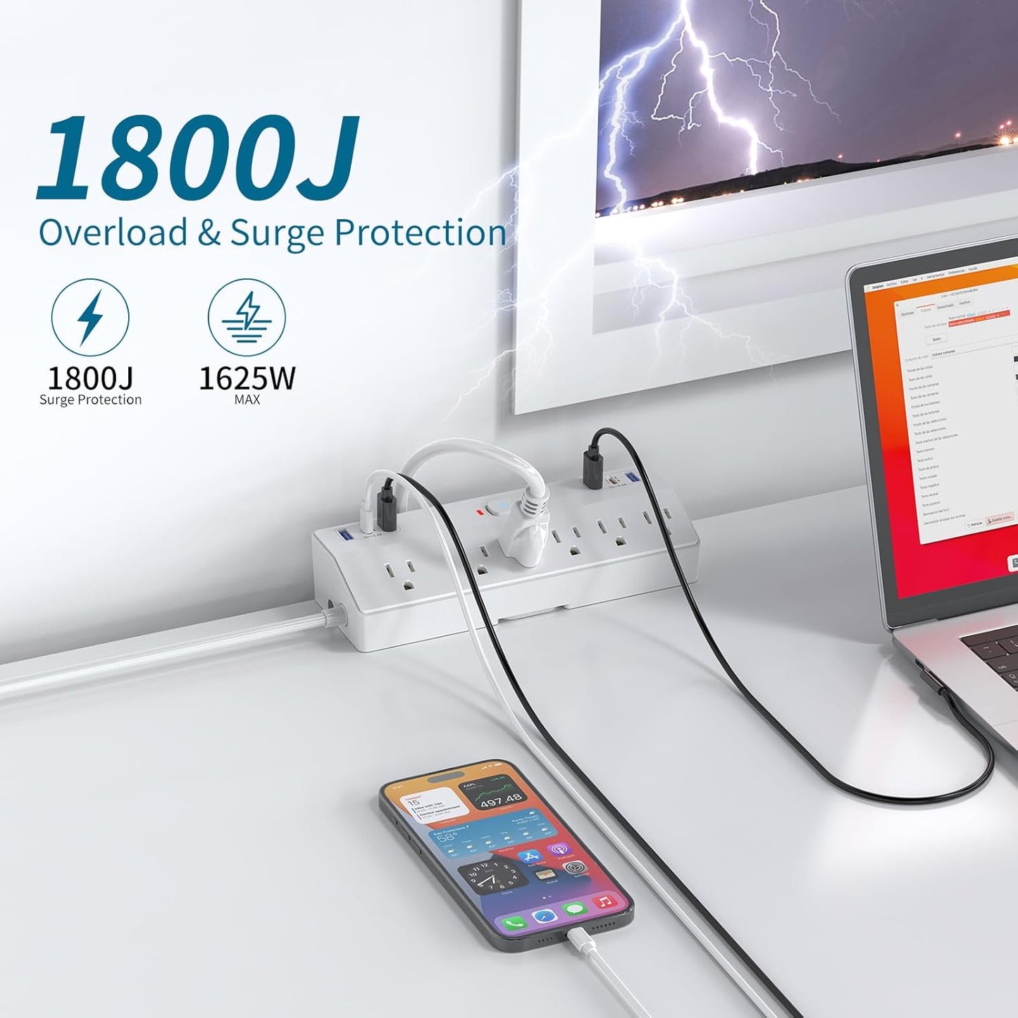 40W Fast Charging Station, Desk Clamp Power Strip, JXGUCAT Removable Desk Clamp Mount Power Strip Surge Protector, 2 USB-C Ports, 6 AC Outlets and 10ft Cord, Fits 1.8" Tabletop Edge