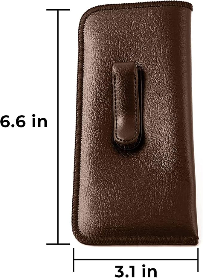 Calabria Soft Slip-In Glasses Case with Pocket Belt Metal Clip Brown for Men/Women Synthetic Leather Felt Lining 6.5"x3" - 12PACK